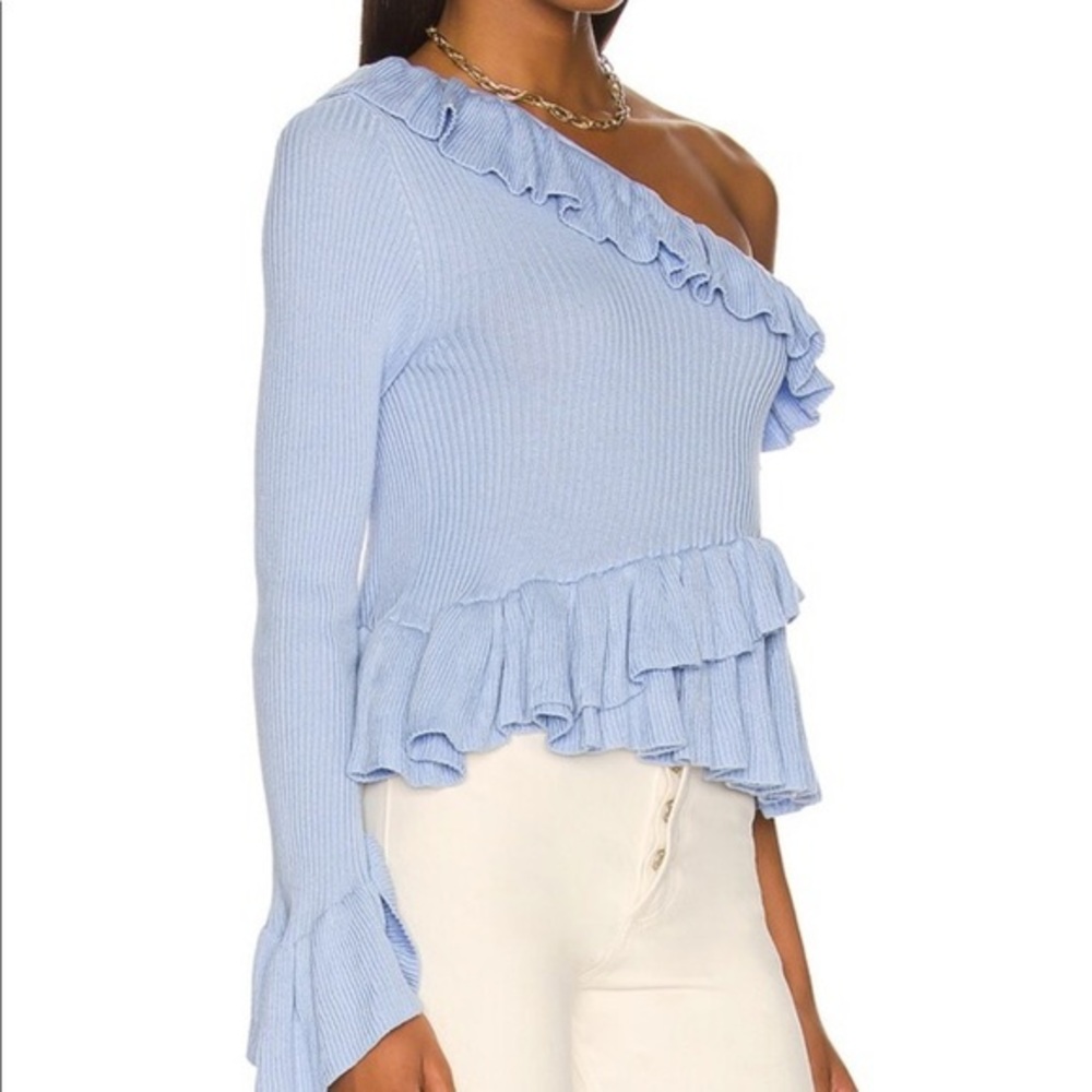 LPA One-Shoulder Light Blue Ruffled Ribbed Sweater - Picture 2 of 4